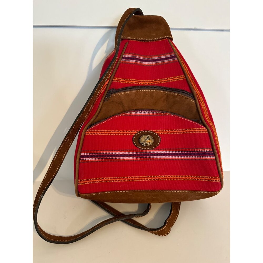 Handmade Guatemalan Red & Brown Leather Trim Backpack With Adjustable Straps